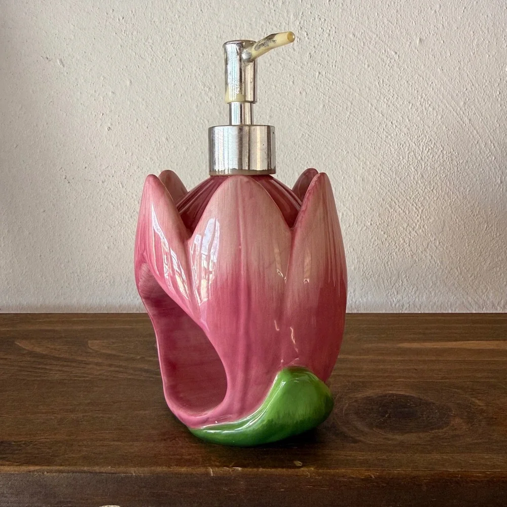 Vintage Avon RARE Pink Tulip Ceramic Soap Dispenser Sponge Holder Floral Decor
